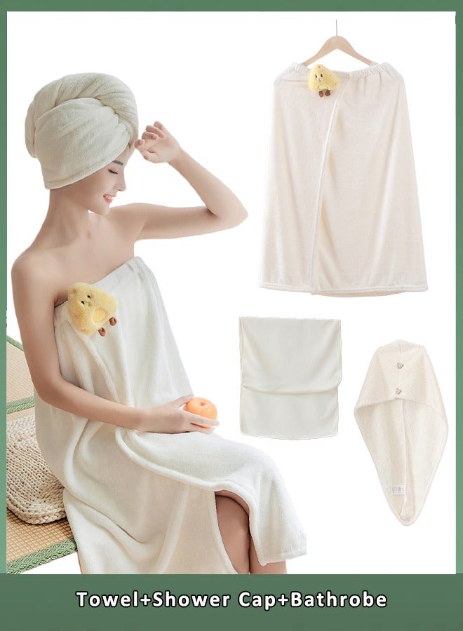 Bathrobe Set, Shower Wrap Towel, Hair Drying Cap, Towel, Soft & Ultra Absorbent Wearable Bath Towel Wrap Bathing Shower Cover Up Towel Coral Velvet Spa Bath Robe - Image 1